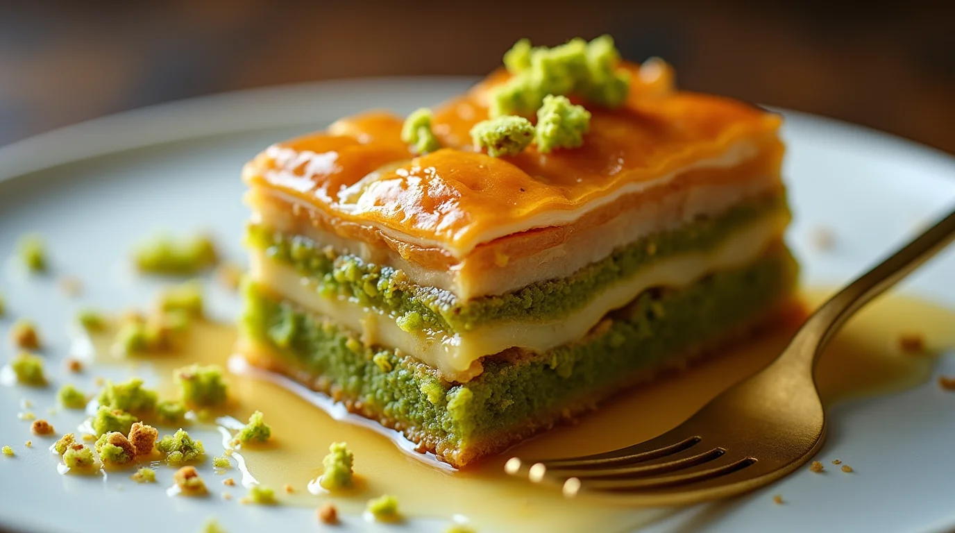 A rich and golden slice of Honey Pistachio Baklava, featuring crispy, flaky phyllo layers, vibrant green pistachio filling, and a drizzle of honey syrup.