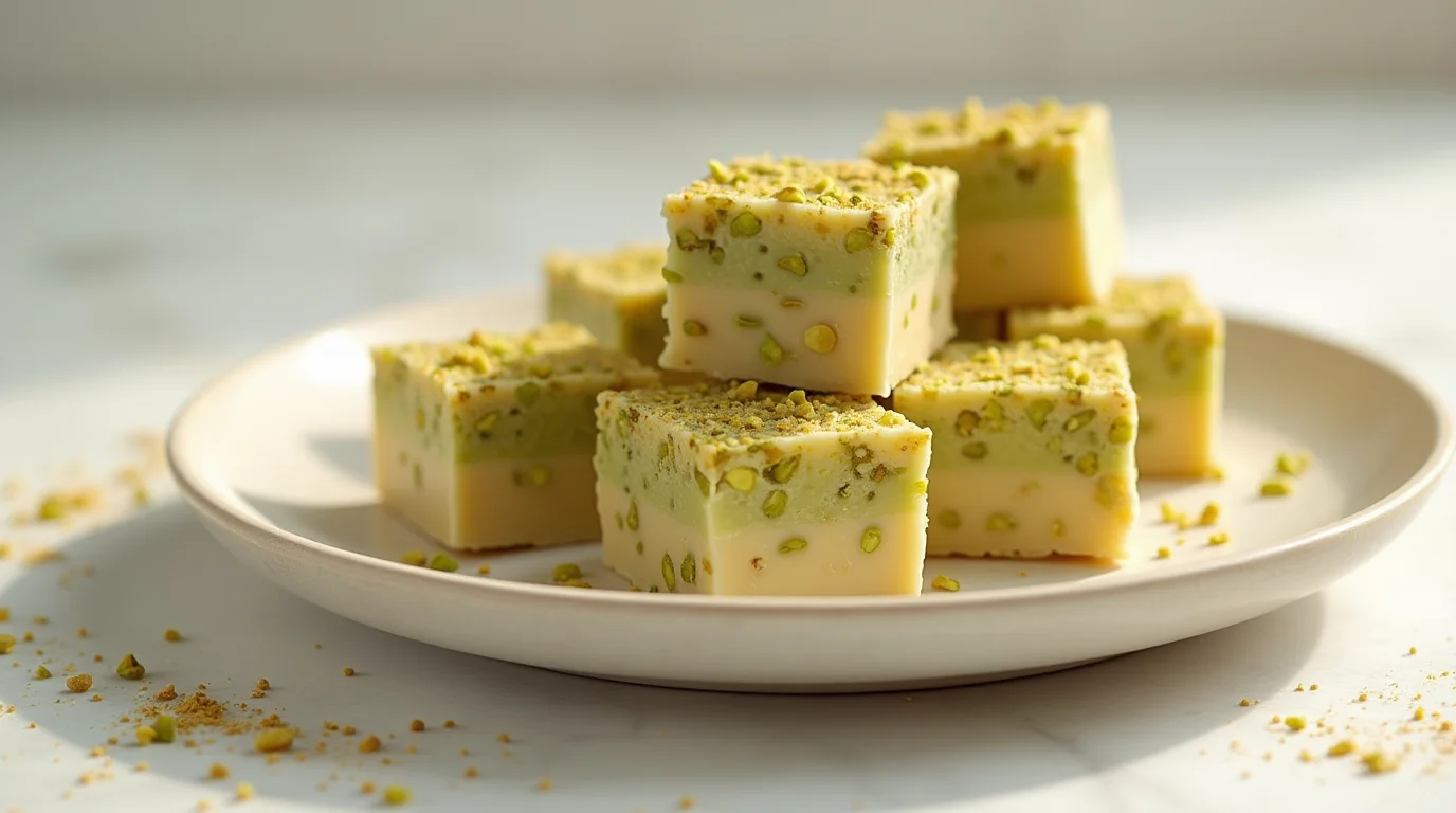 Italian Amaretto Pistachio Fudge with layered white chocolate and pistachio topping on a modern plate
