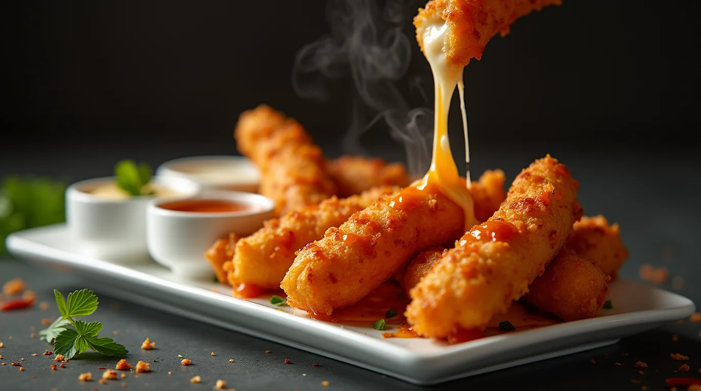 Nashville Hot Mozzarella Sticks served on a white plate with spicy dipping sauces and melted cheese pull.