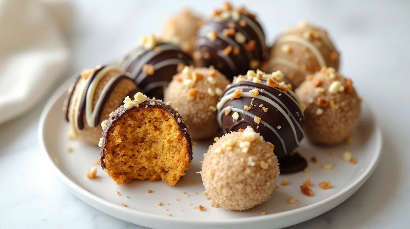 A plate of no bake pumpkin cheesecake balls, some coated in cinnamon sugar and others dipped in dark chocolate with white chocolate drizzle and chopped nuts. One cheesecake ball is bitten into, revealing a creamy, spiced pumpkin filling.