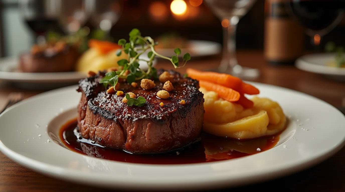 Juicy ribeye roast recipe with a rich sauce, mashed potatoes, and glazed carrots, garnished with fresh herbs and crispy toppings.