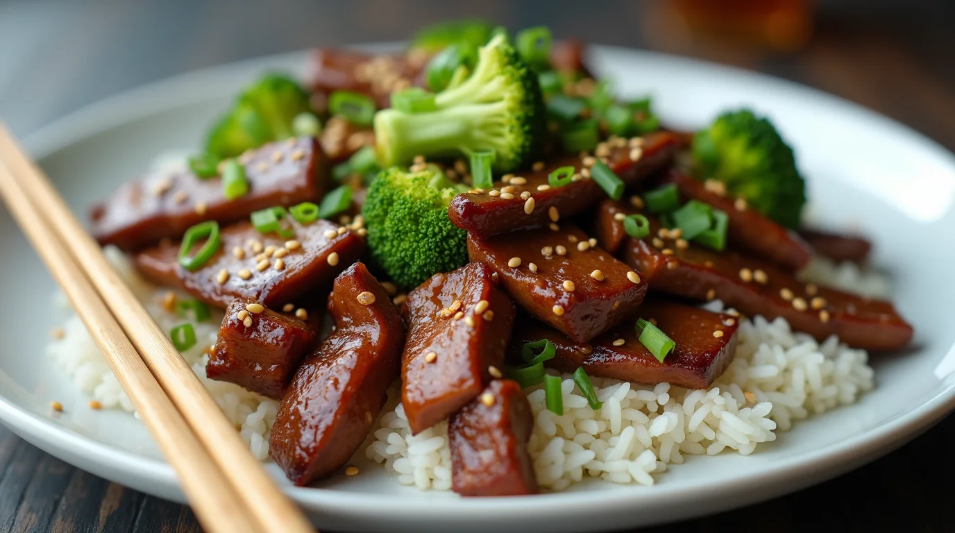 A delicious plate of Shaved Beef Recipes featuring tender beef stir-fried in a savory sauce, served over rice with broccoli, sesame seeds, and green onions.