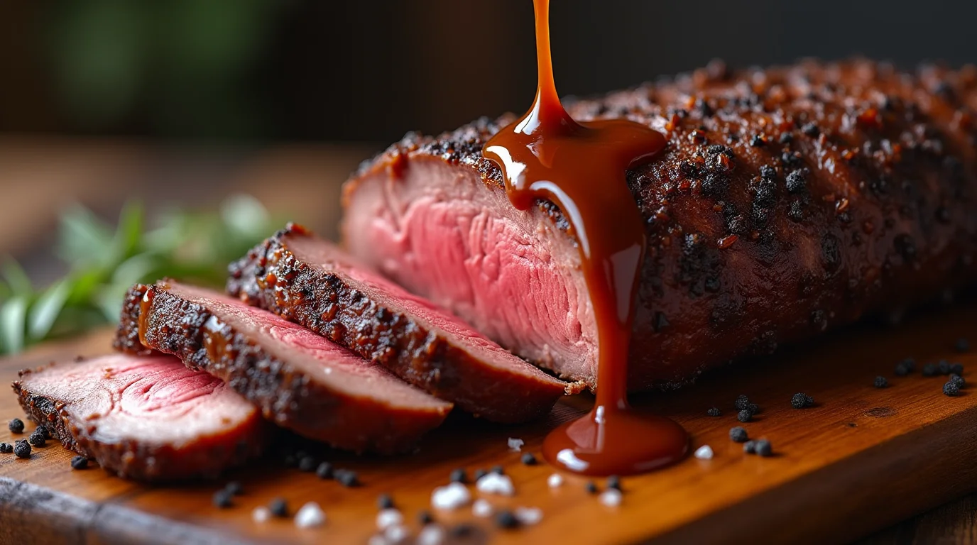 Perfectly smoked sliced beef brisket with a rich, peppery bark and a tender, pink smoke ring, served on a wooden board with a drizzle of barbecue sauce.