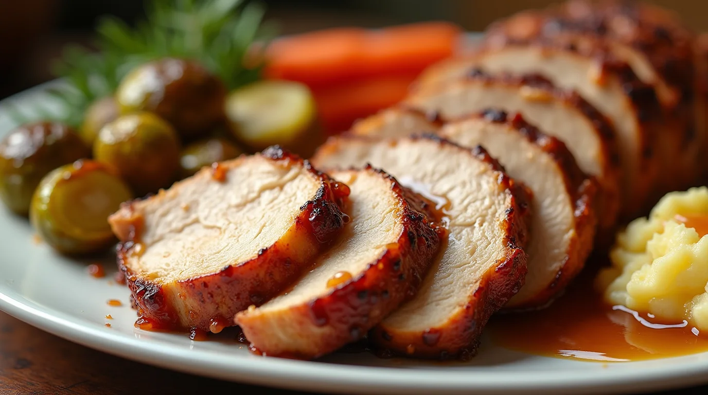 Smoked turkey breast recipe with juicy, caramelized slices served on a white plate with roasted Brussels sprouts, carrots, and mashed potatoes.