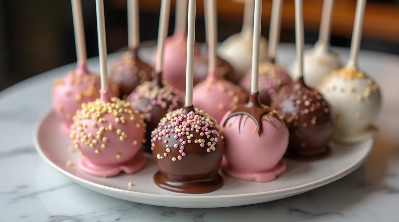 A plate of delicious cake pops inspired by the Starbucks cake pop recipe, featuring pink, chocolate, and white coatings with decorative sprinkles.