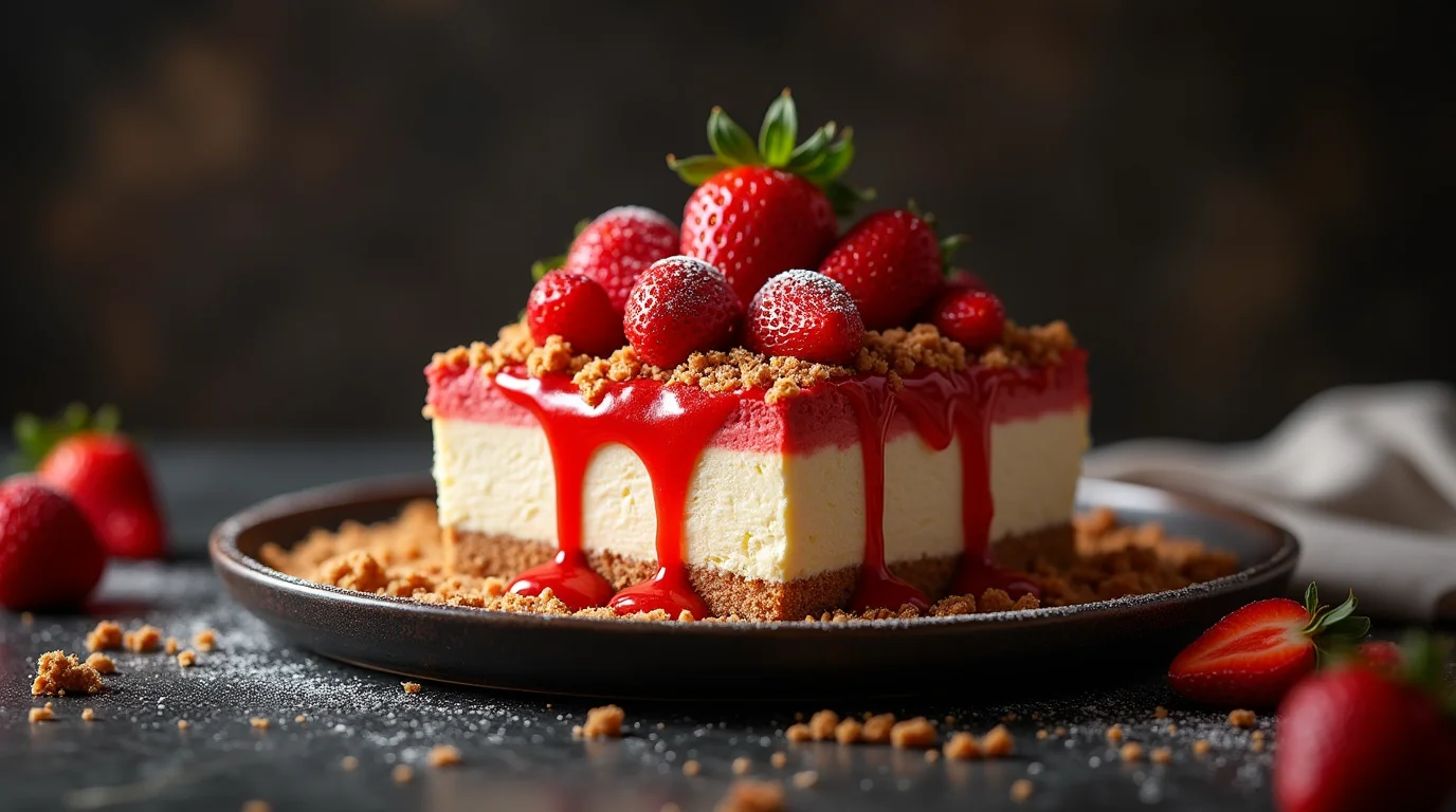 A decadent strawberry cheesecake dump cake topped with fresh strawberries, a golden crumb layer, and rich strawberry sauce cascading down the sides, elegantly plated for a luxurious dessert presentation.