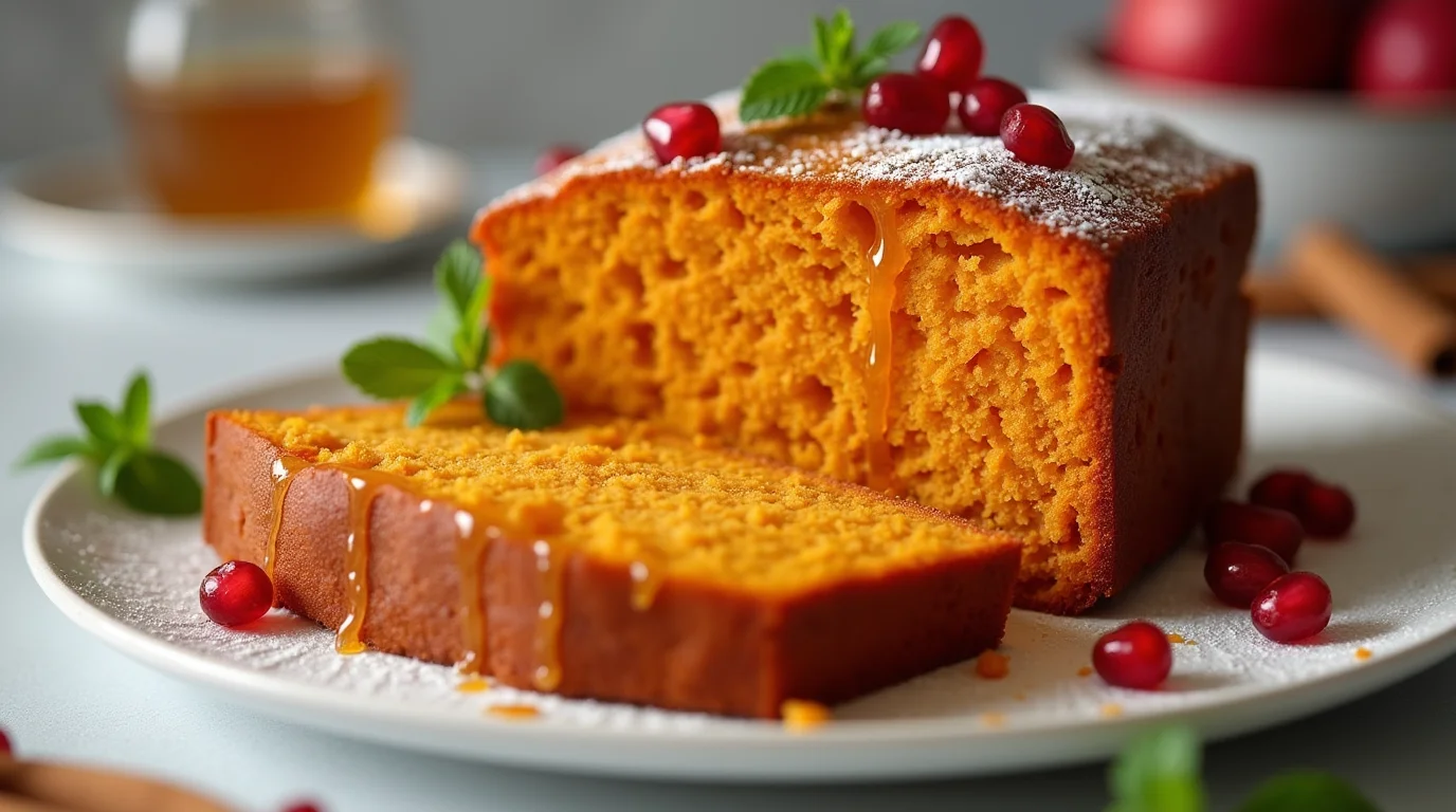 A freshly baked sweet potato pound cake with a moist, golden-orange crumb, drizzled with honey and garnished with pomegranate seeds and mint leaves on a white plate.
