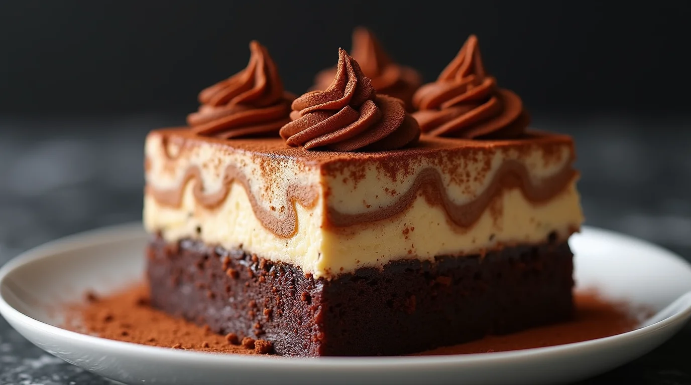 A rich and indulgent tiramisu brownies featuring a fudgy chocolate base, creamy mascarpone layer, and decorative cocoa-dusted swirls, topped with luscious chocolate frosting.
