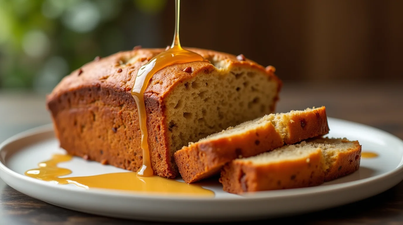A freshly baked Betty Crocker banana bread recipe, sliced and served on a white plate, with golden honey drizzled over the top, highlighting its moist texture and rich, caramelized crust.