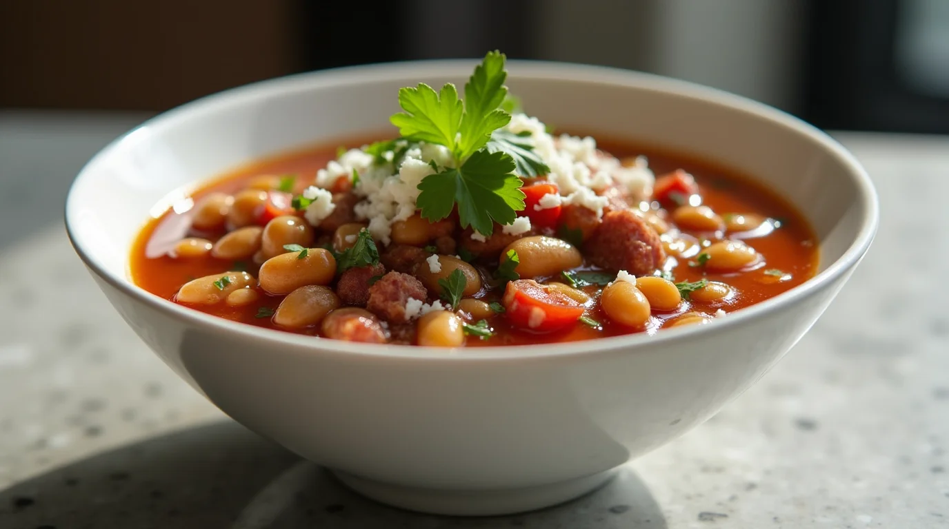 A hearty bowl of charro beans recipe featuring tender pinto beans, chorizo, and tomatoes in a rich, flavorful broth, garnished with fresh cilantro and crumbled cheese.