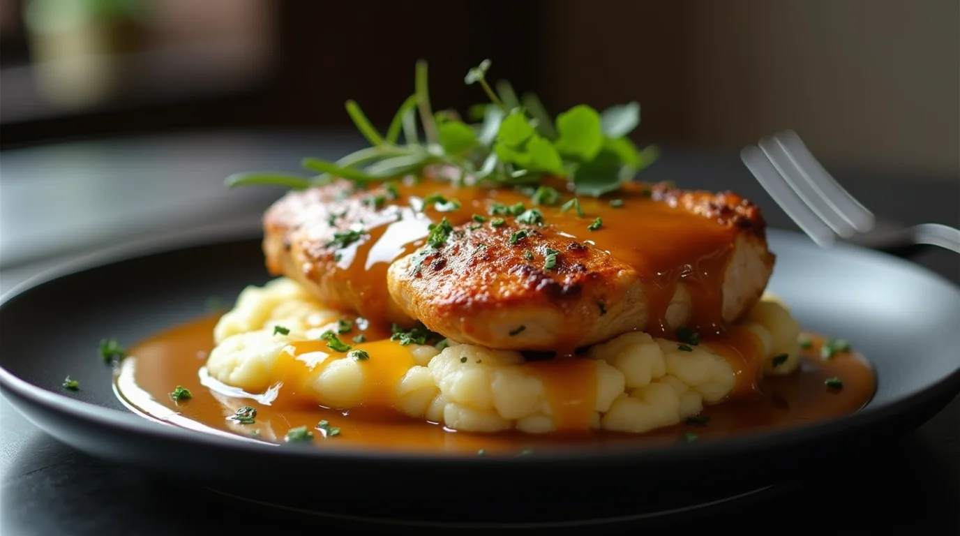 A delicious Chicken and Gravy Recipe featuring a golden-brown seared chicken breast served over creamy mashed potatoes, generously topped with rich brown gravy and garnished with fresh herbs.