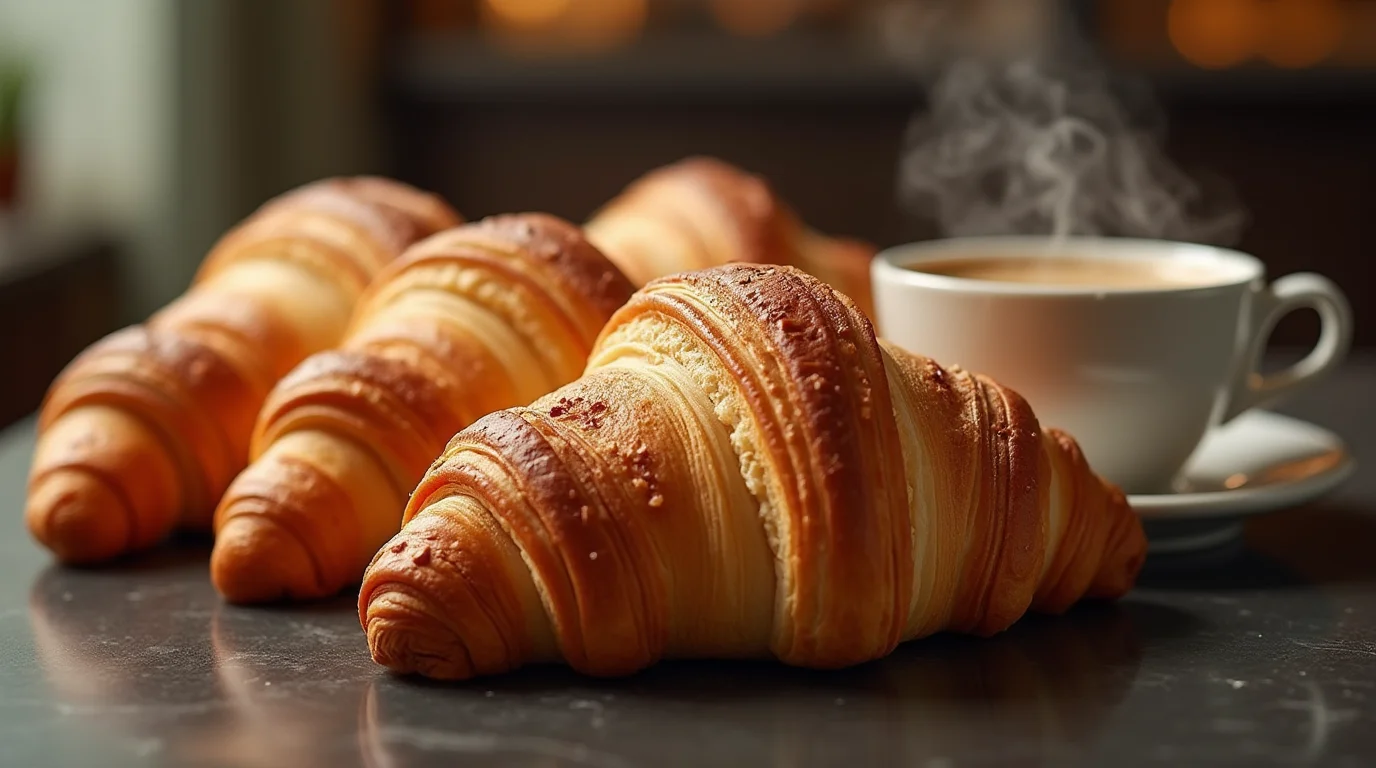 Freshly baked Gipfeli with a golden, flaky crust, served with coffee – a perfect treat to enjoy with a gipfeli recipe.