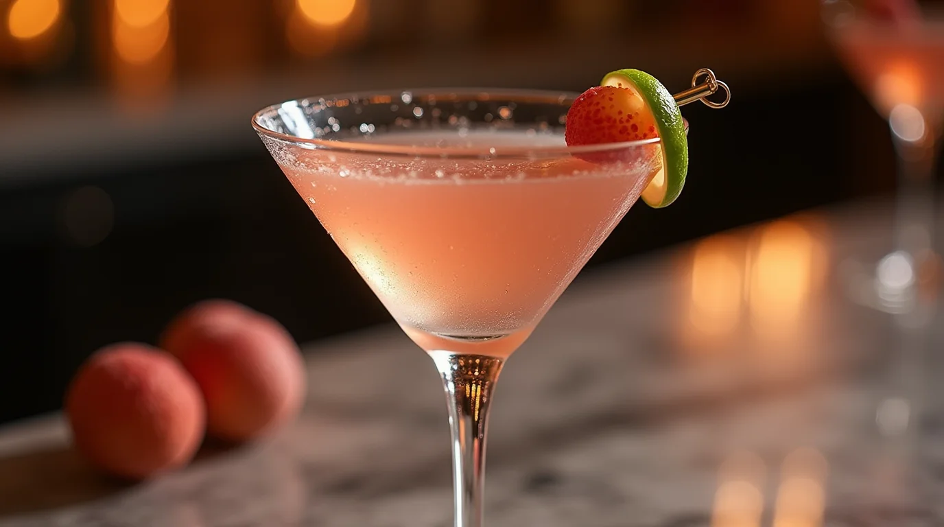 A refreshing lychee martini served in a chilled glass, garnished with a lychee and lime slice, showcasing the perfect lychee martini recipe for cocktail lovers.