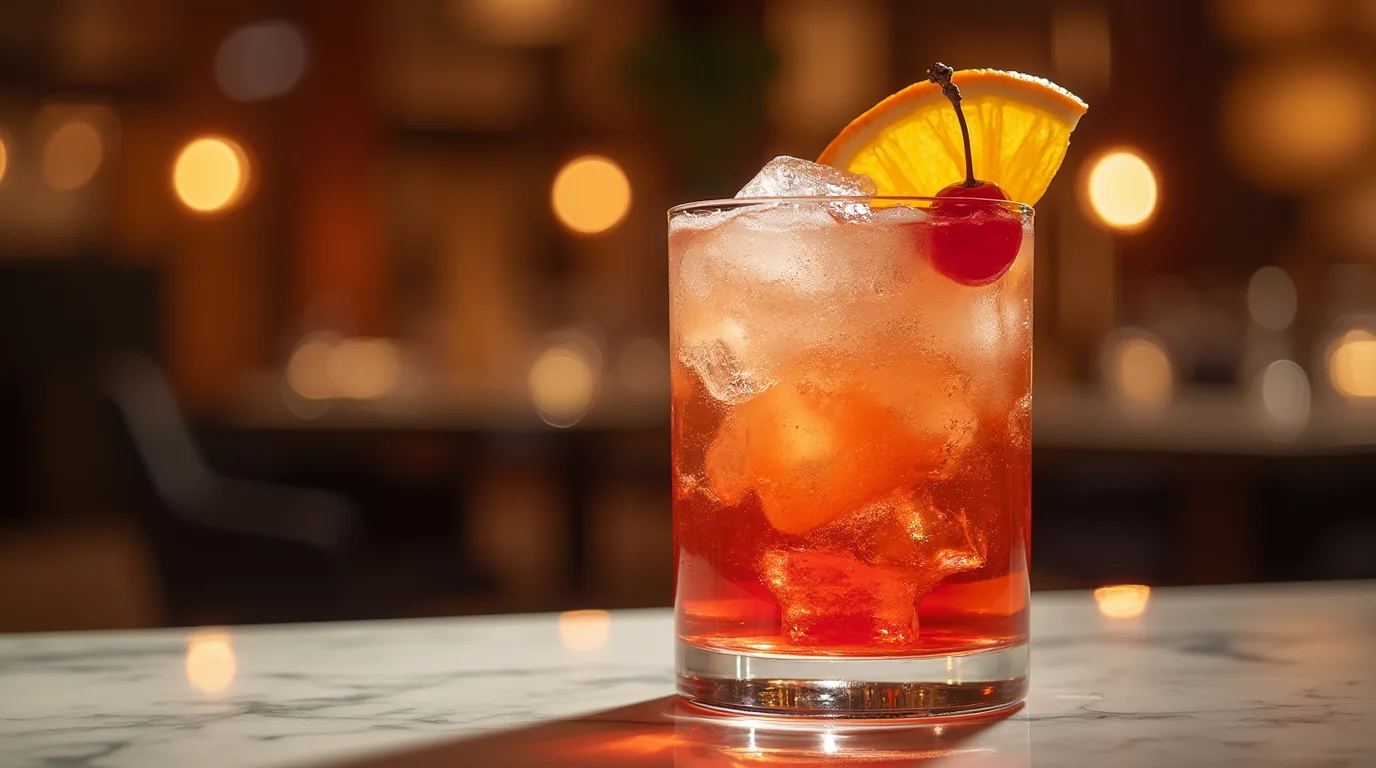 A classic Shirley Temple drink recipe served in a glass with ice, garnished with a cherry and orange slice on a marble bar counter.