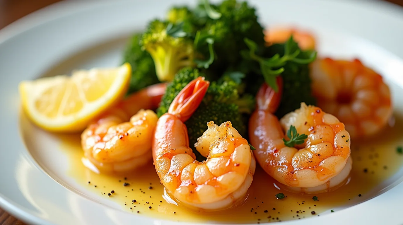 A delicious shrimp and broccoli recipe served on a white plate with a lemon wedge and light seasoning.
