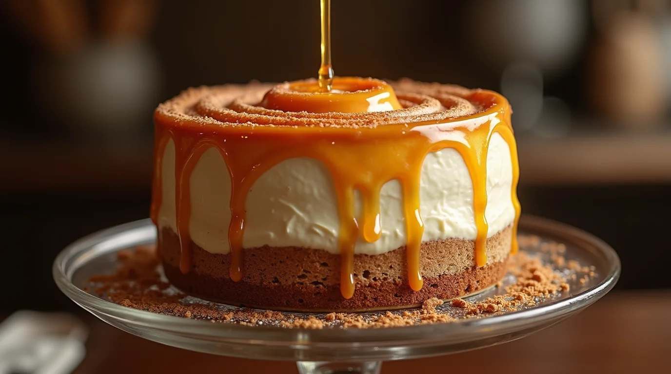 A decadent cinnamon roll honeybun cheesecake drizzled with golden caramel sauce, sitting on a glass cake stand with a rich, cinnamon-spiced topping.