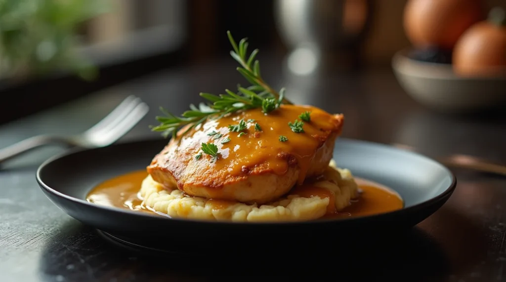 A beautifully plated Chicken and Gravy Recipe with a golden-brown chicken breast on creamy mashed potatoes, drizzled with rich brown gravy and garnished with fresh rosemary and parsley.