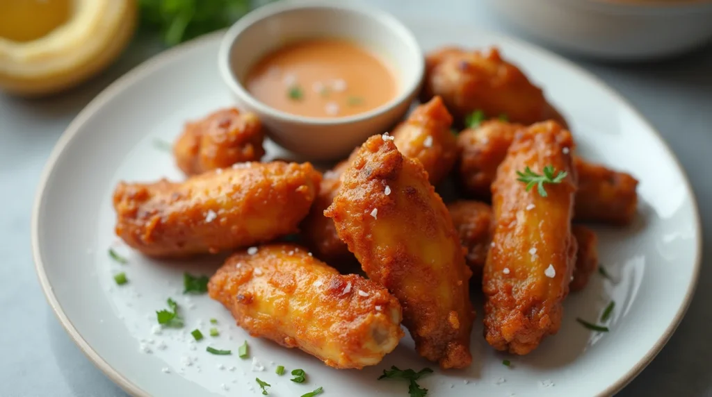 Crispy frozen chicken wings in air fryer served with a side of dipping sauce on a white plate.