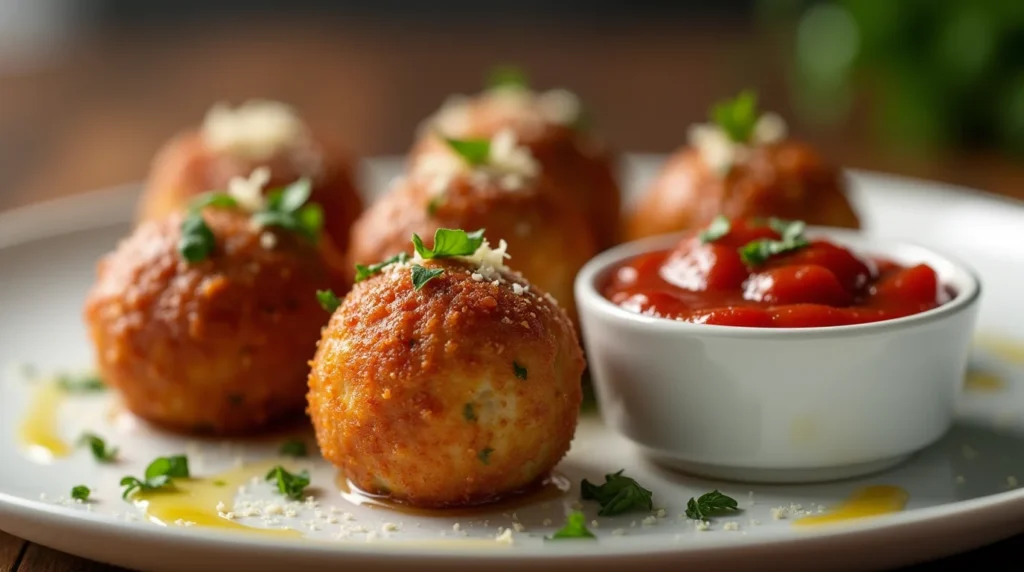 Close-up of air fryer frozen meatballs garnished with herbs and cheese, served with marinara sauce on a white plate.