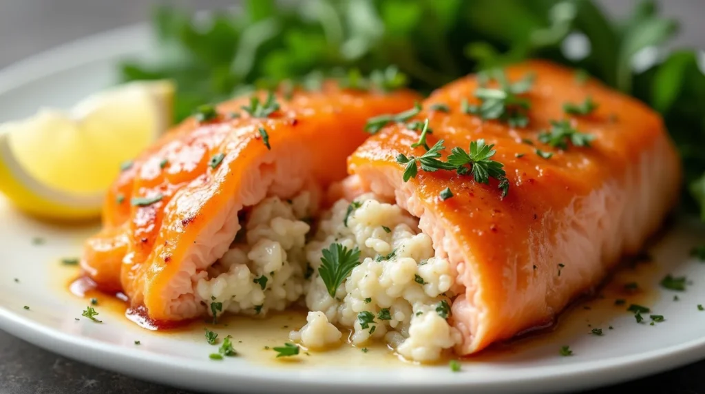 Crab stuffed salmon fillets garnished with parsley and served with lemon wedges and fresh greens.
