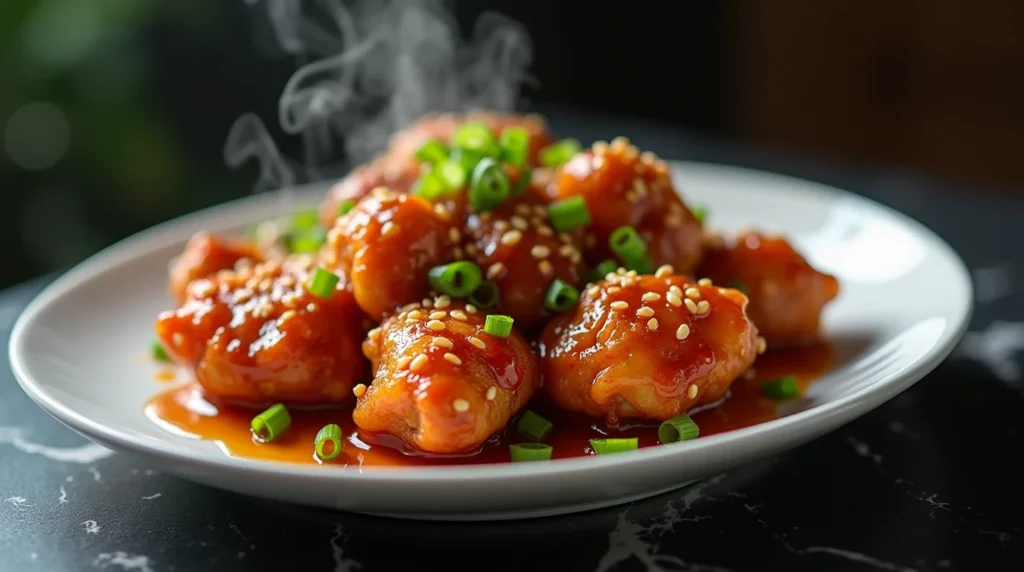 Steaming hot Crispy Honey Chili Chicken topped with sesame seeds and chopped green onions on a white plate.