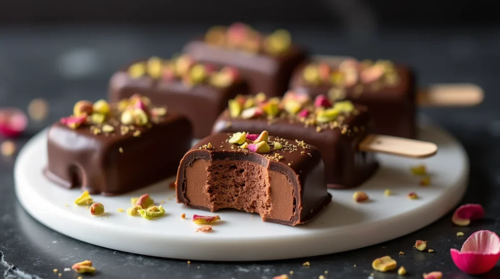 Dubai chocolate ice cream bars topped with crushed pistachios and rose petals on a white plate.