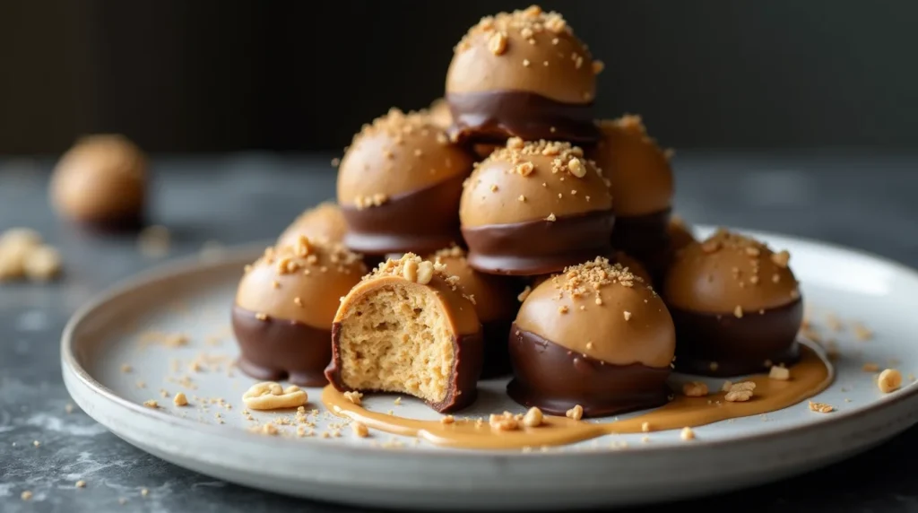 Easy No-Bake Cookie Dough Truffles topped with crushed peanuts and smooth peanut butter sauce.