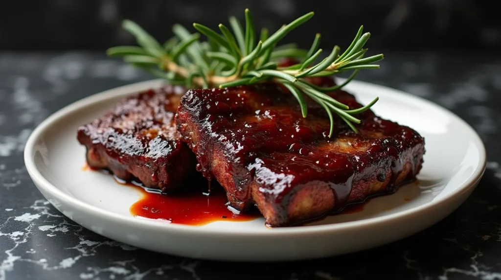 Close-up of Easy Smoked Beef Short Ribs glazed with BBQ sauce and garnished with fresh rosemary.