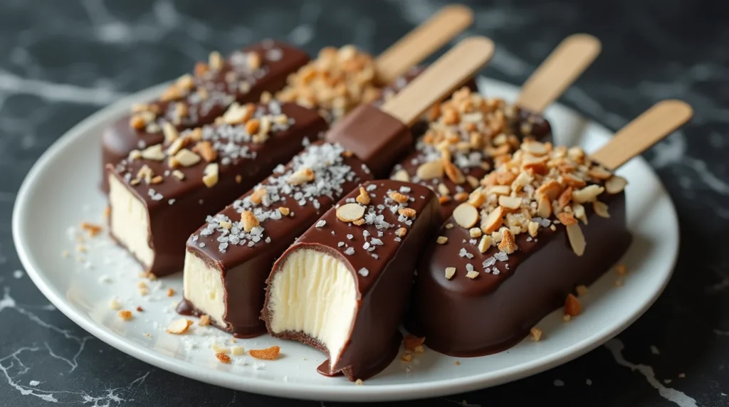 Creamy homemade ice cream bars dipped in glossy dark chocolate and topped with chopped nuts and sea salt.