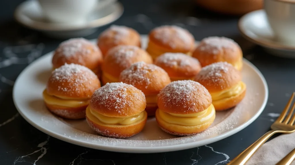 Close-up of Italian custard bomboloni filled with rich custard and lightly dusted with powdered sugar.
