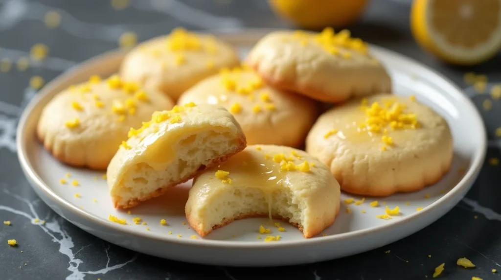 Soft lemon ricotta cookies with lemon glaze and zest on a plate