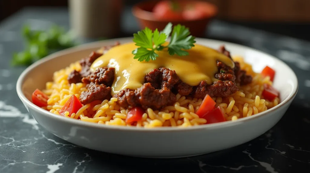 Mexican Beef and Rice Skillet topped with melted cheese and fresh tomatoes.