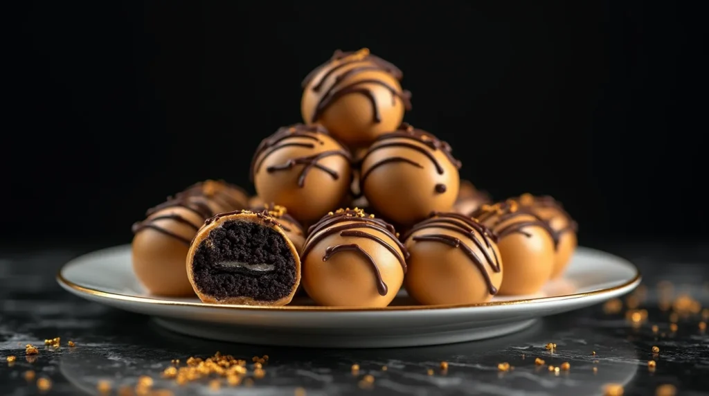 Peanut butter Oreo balls stacked on a white plate with one cut open to reveal a cookie center.