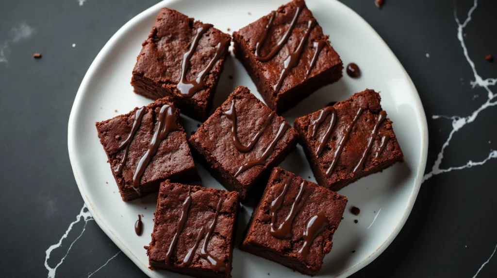 Top view of sourdough brownies with chocolate drizzle on a white plate.