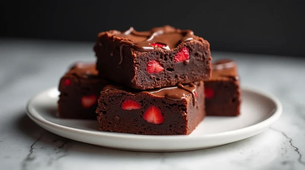 A stack of fudgy strawberry brownies with fresh strawberry pieces inside, topped with a glossy chocolate drizzle, served on a white plate against a dark background.