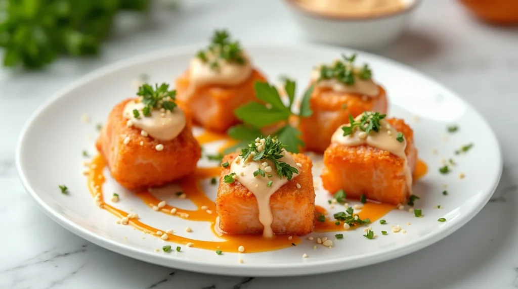 Bang Bang Salmon Bites topped with creamy sauce, sesame seeds, and fresh herbs.