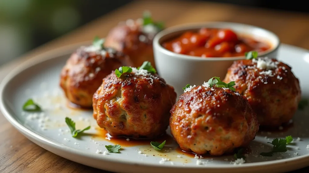 Golden brown air fryer frozen meatballs served with marinara sauce and garnished with herbs.