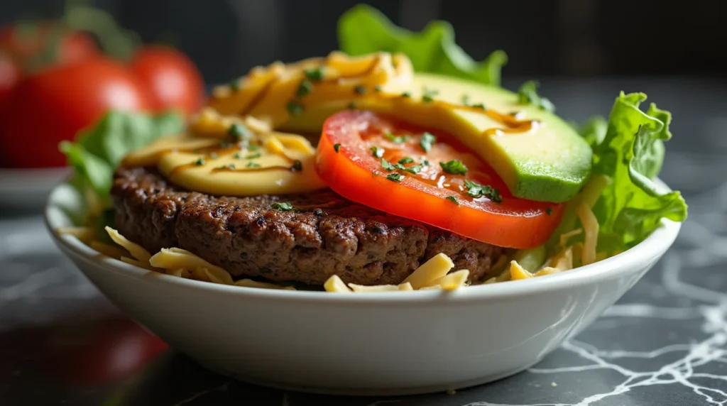 Tasty burger bowl recipe with beef patty, sliced tomato, avocado, cheese, and lettuce in a white bowl.