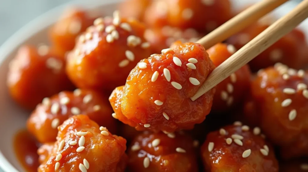 Crispy Honey Chili Chicken garnished with sesame seeds held by chopsticks.