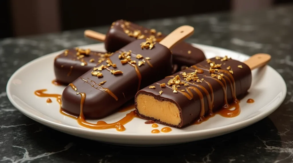 Dubai chocolate ice cream bars topped with gold flakes and caramel drizzle on a white plate.