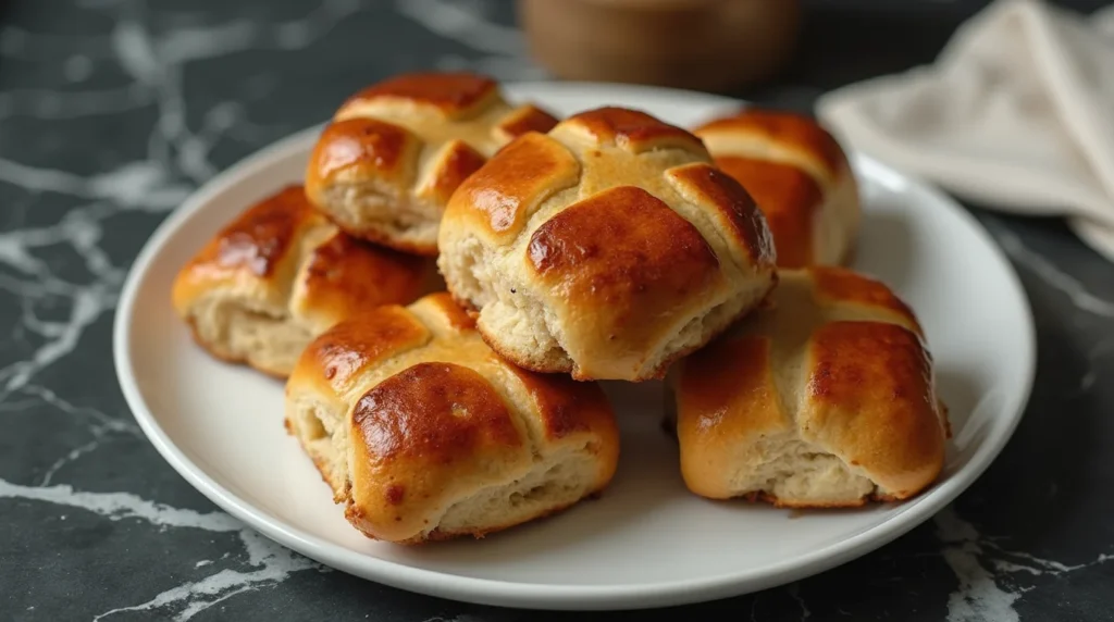 Freshly baked buns on a white plate from an easy hot cross buns recipe.