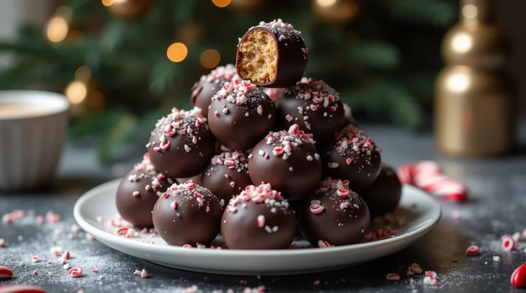 Easy No-Bake Cookie Dough Truffles topped with crushed peppermint for a festive touch.