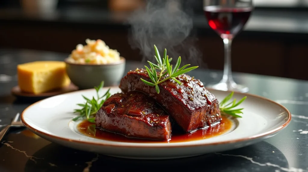 Easy Smoked Beef Short Ribs served with rosemary garnish and side dishes.