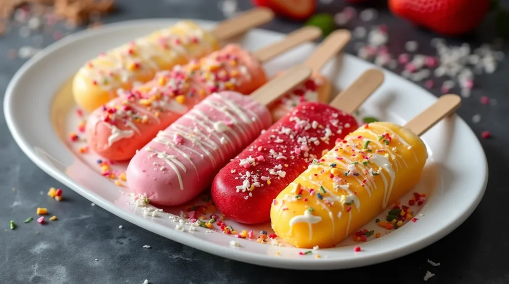 Colorful fruity homemade ice cream bars topped with sprinkles and white chocolate drizzle on a white plate.