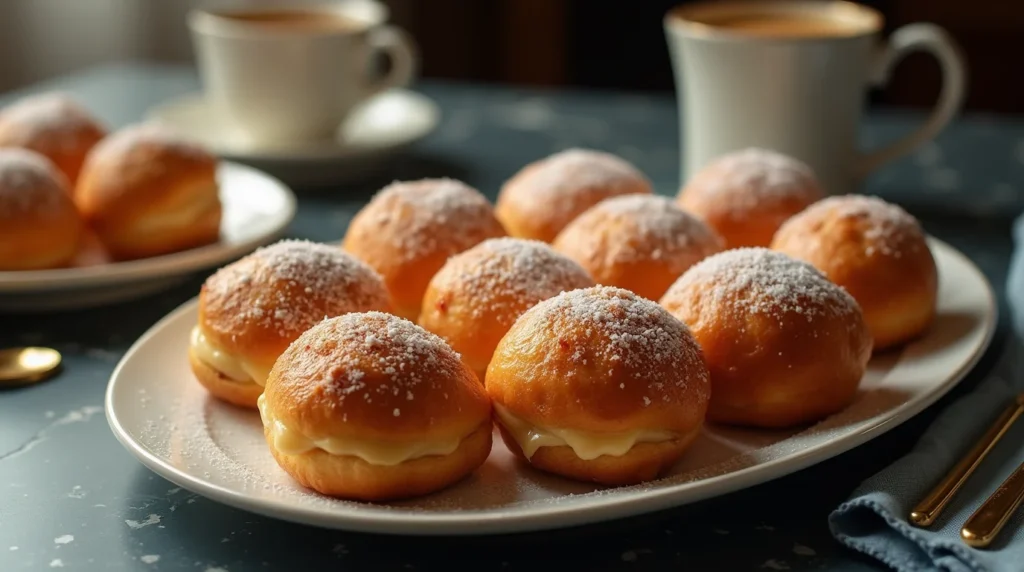 A plate of freshly baked Italian custard bomboloni dusted with powdered sugar.