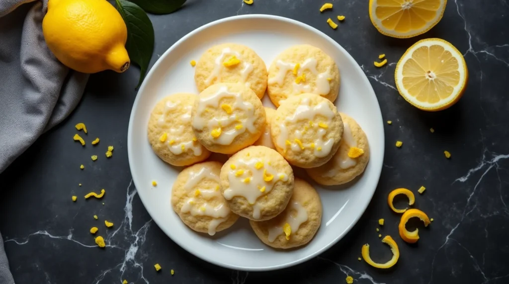 Freshly baked lemon ricotta cookies topped with lemon glaze on a white plate.