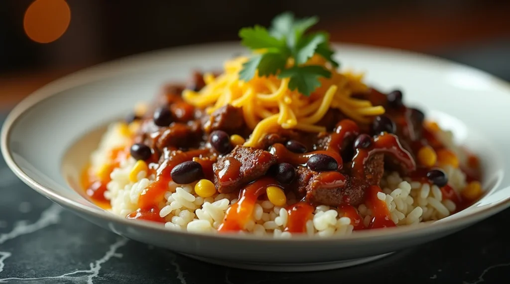 Mexican Beef and Rice Skillet with black beans, corn, shredded cheese, and fresh herbs.