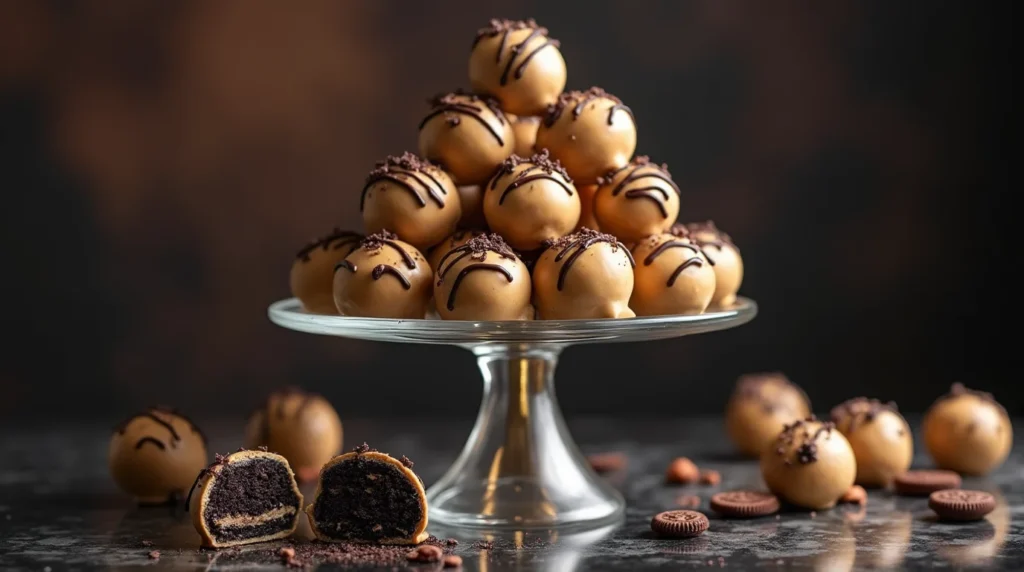 A pyramid of peanut butter Oreo balls topped with chocolate drizzle and cookie crumbs on a glass stand.