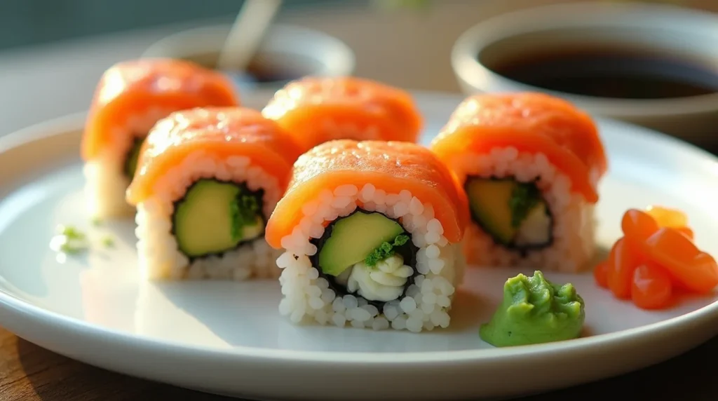 Fresh salmon avocado roll served on a white plate with wasabi and pickled ginger.