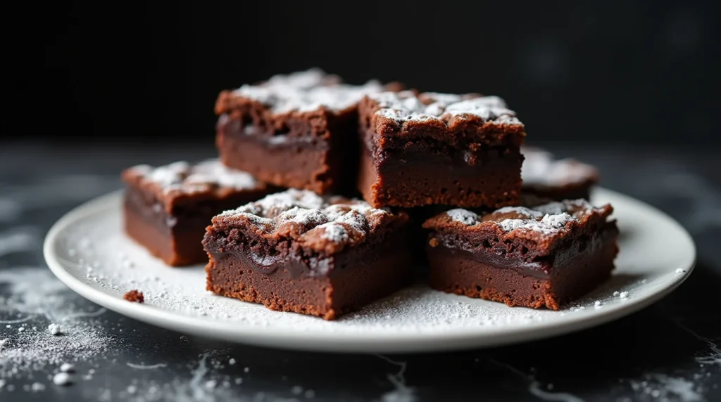 Fudgy sourdough brownies dusted with powdered sugar on a white plate.